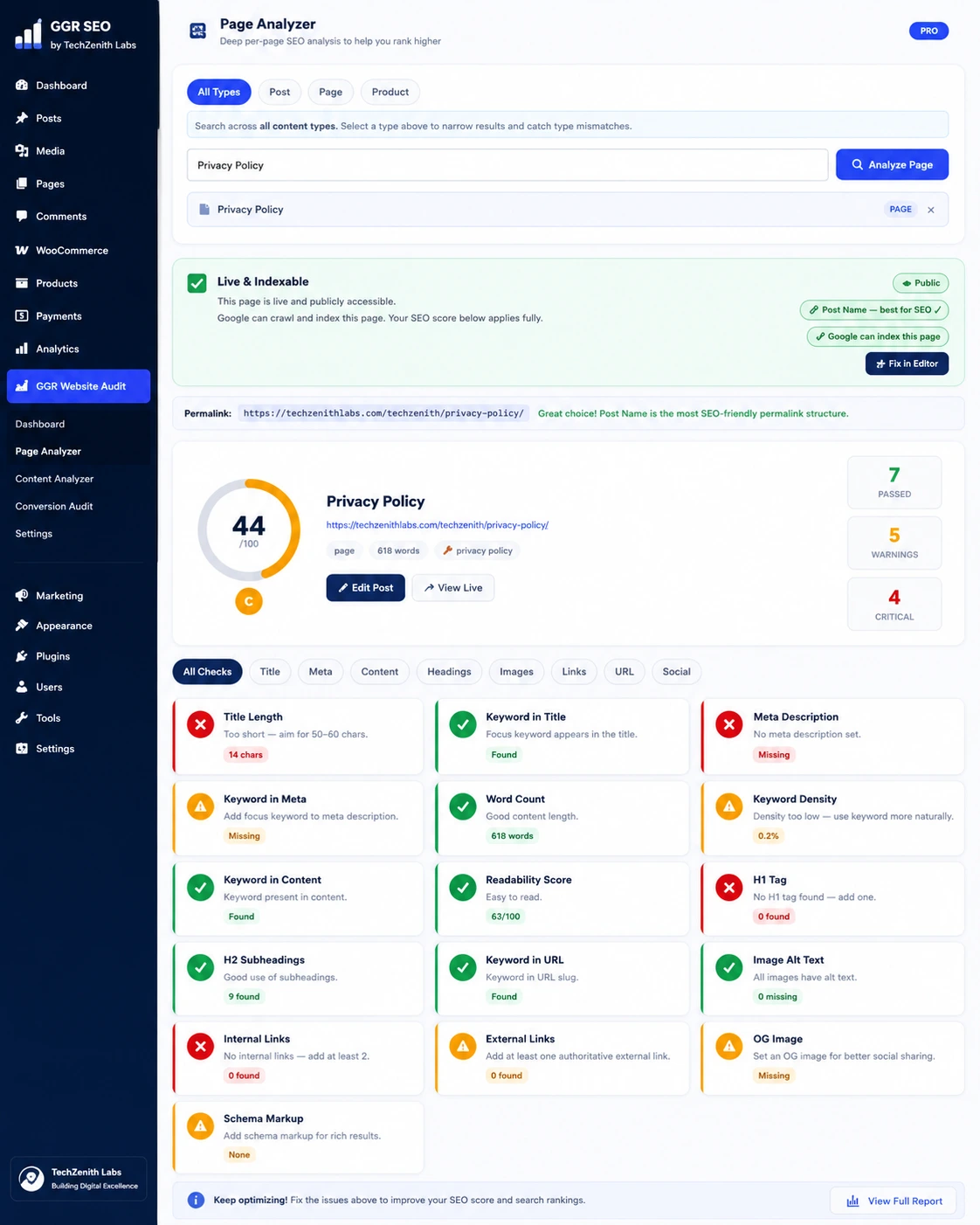 GGR Page Analyzer dashboard showing detailed on-page SEO analysis and recommendations.