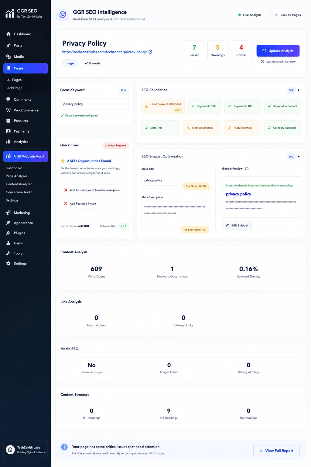 GGR SEO Intelligence dashboard inside the WordPress editor with real-time SEO recommendations.